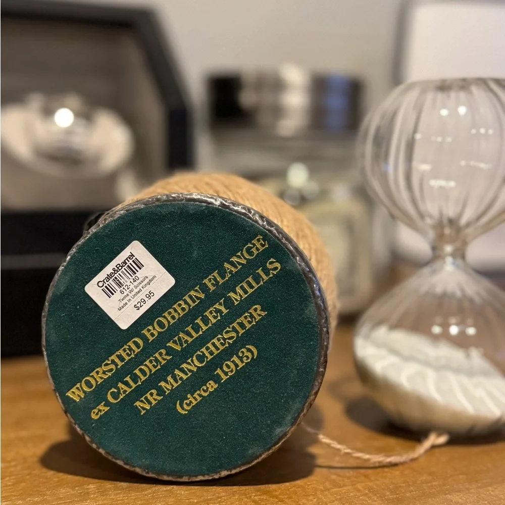 Crate and Barrel Vintage Twine Spool with Scissors and Anthropologie Sand Timer